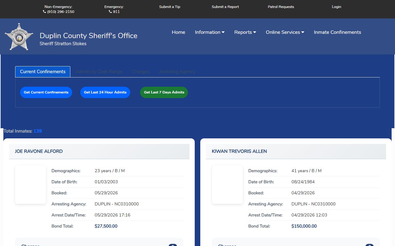 Duplin County inmate population Citizen Connect current confinements roster